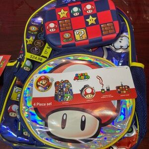 Super Mario Bros 4 Piece Set- Backpack, Lunch Bag, Gadget Case & Lanyard New!!